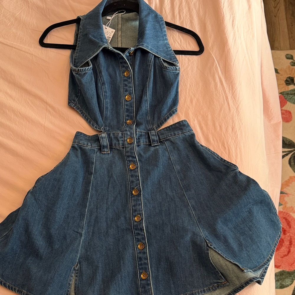 Denim Halter Dress with Button Front